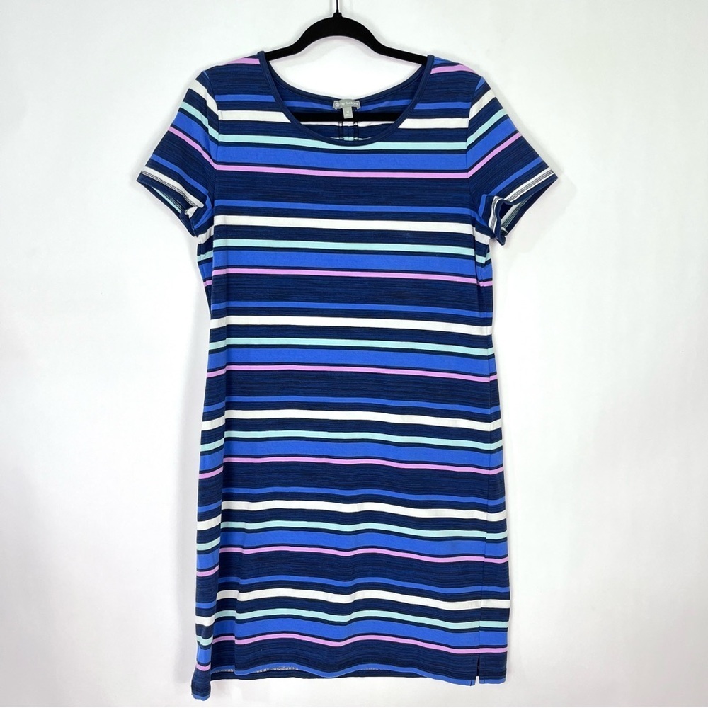 T by Talbots Blue Purple Striped T shirt Dress Ruched Back Cutout Sz Medium